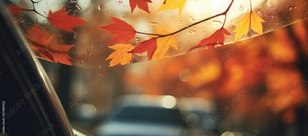 Autumn Reflections: A Close-Up of a Car's Windshield Adorned with Colorful, Fallen Leaves Created With Generative AI Technology Autumn Reflections: A Close-Up of a Car's Windshield Adorned with Colorful, Fallen Leaves Created With Generative AI Technology
