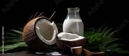 A Refreshing Combination: Coconut Milk and Exposed Coconut Flesh Created With Generative AI Technology
