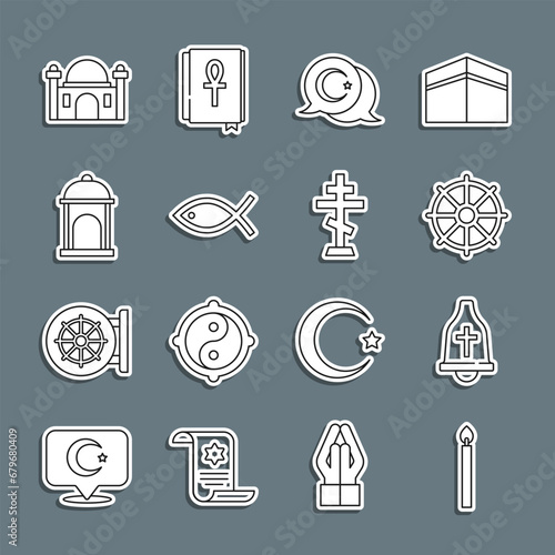 Set line Burning candle, Church bell, Dharma wheel, Star crescent, Christian fish, Muslim Mosque, and cross icon. Vector