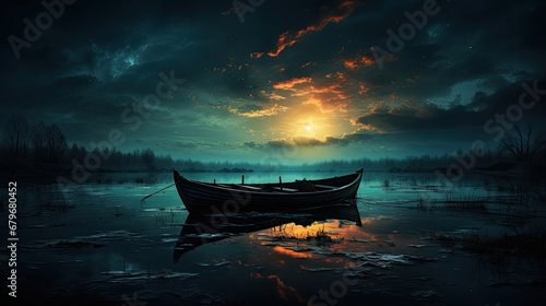 boat in the sea, halloween scene dark sea with moon, Horror, dark blue sky, sea haunted cloud, scary ocean