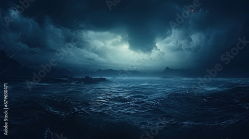 halloween scene dark sea with moon, Horror, dark blue sky, sea haunted cloud, scary ocean © Planetz