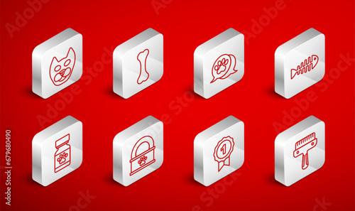 Set line Hair brush for dog and cat, Dog bone, Paw print, Fish skeleton, award symbol, Cat, Canned food and Medicine bottle pills icon. Vector