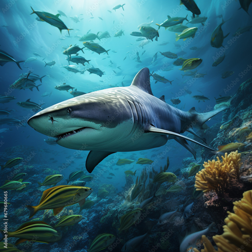 Fototapeta premium Tiger sharks, dangerous sea predators, and coral reefs in the ocean. Flora and fauna.