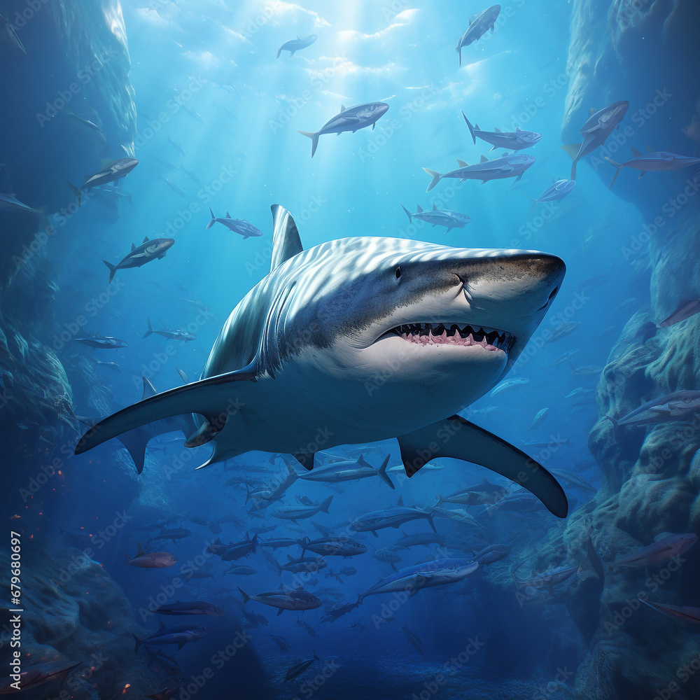 Tiger sharks, dangerous sea predators, and coral reefs in the ocean. Flora and fauna. Tiger sharks, dangerous sea predators, and coral reefs in the ocean. Flora and fauna.