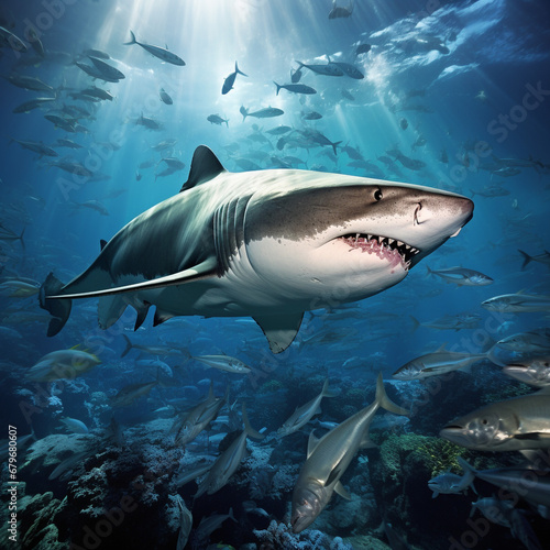 Tiger sharks  dangerous sea predators  and coral reefs in the ocean. Flora and fauna.