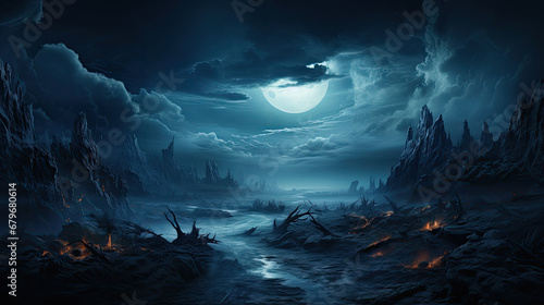 halloween scene dark sea with moon, Horror, dark blue sky, sea haunted cloud, scary ocean © Planetz