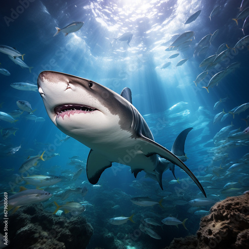 Tiger sharks  dangerous sea predators  and coral reefs in the ocean. Flora and fauna.