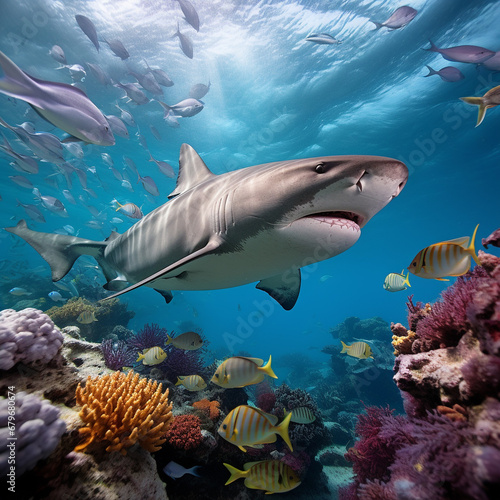 Tiger sharks, dangerous sea predators, and coral reefs in the ocean. Flora and fauna.