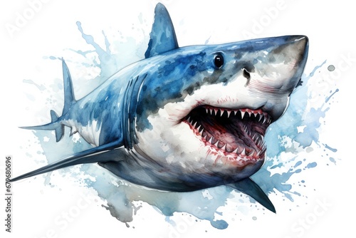 watercolor Shark Hungry shark illustration with splash watercolor textured background © PinkiePie