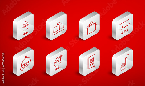 Set line Kitchen ladle, Salt and pepper, Cooking pot, Wooden table, Restaurant cafe menu, Ice cream bowl, and Covered with tray of food icon. Vector