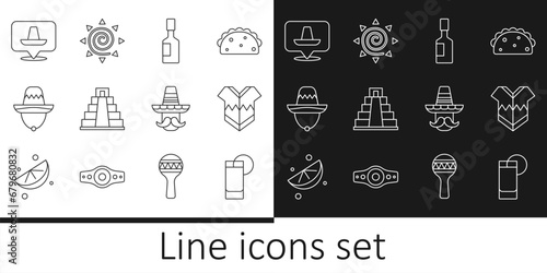 Set line Tequila glass with lemon, Poncho, Tabasco sauce, Chichen Itza in Mayan, Mexican sombrero, man and Sun icon. Vector