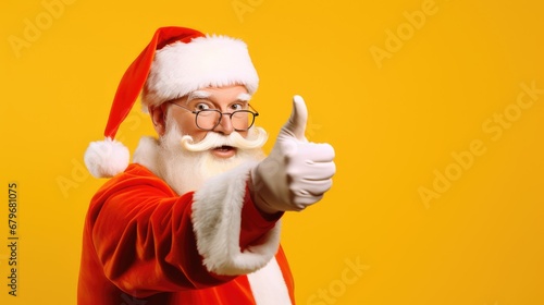 Portrait of santa claus, bearded cheerful grey-haired man, pointing with finger, isolated on red or yellow background