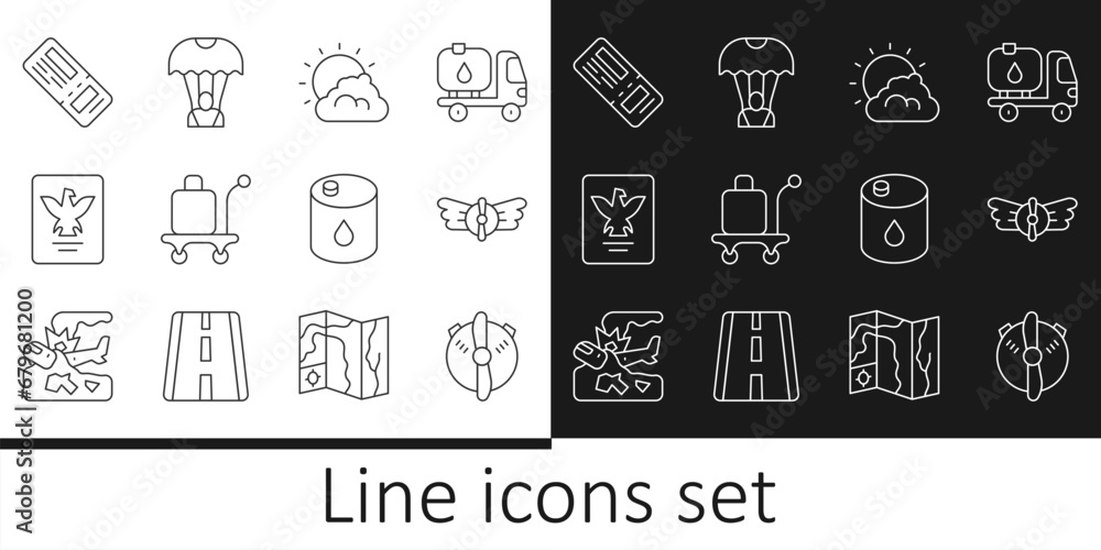 Set line Plane propeller, Aviation emblem, Sun and cloud weather, Trolley baggage, Passport, Airline ticket, Barrel oil and Parachute icon. Vector