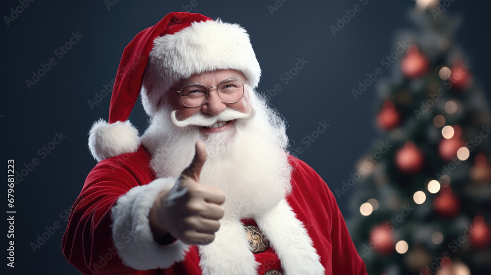 Santa Claus showing thumbs up, 3D rendering. Santa Claus figurine on a studio background. Santa Claus showing thumbs up, 3D rendering. Santa Claus figurine on a studio background.