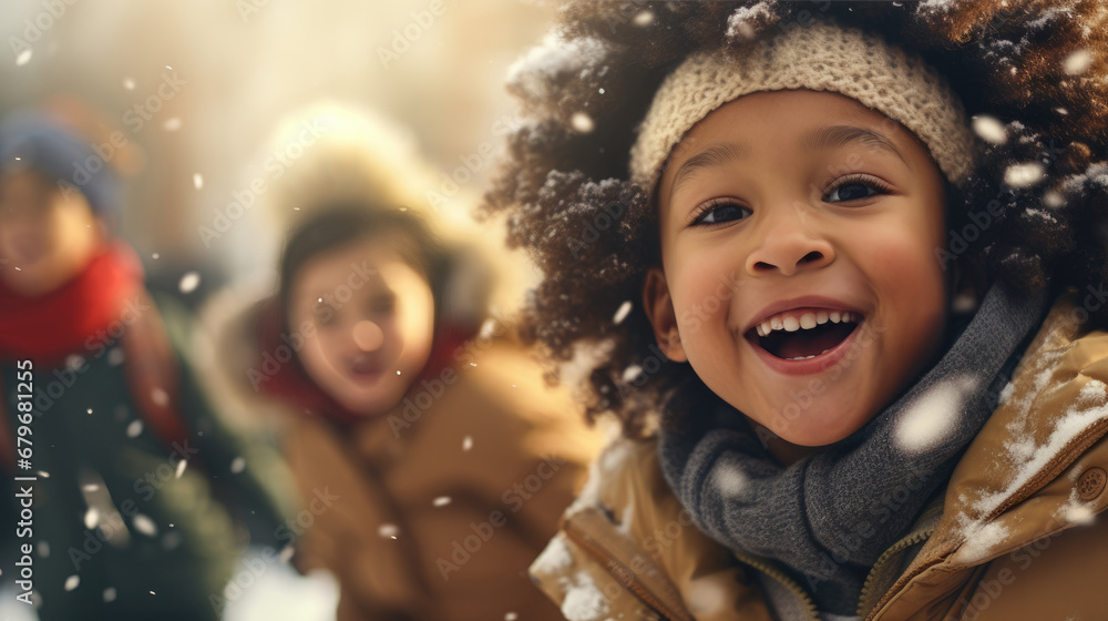 Funny little dark-skinned child rides on a sleigh in the snow. Active sports games in winter. Happy winter holidays concept. Funny little dark-skinned child rides on a sleigh in the snow. Active sports games in winter. Happy winter holidays concept.
