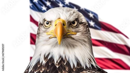 Bald eagle with USA flag isolated on white background, Generative ai.