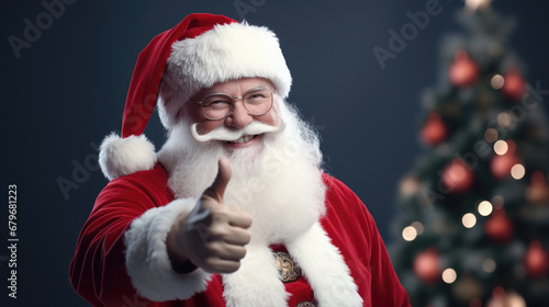 Santa Claus showing thumbs up, 3D rendering. Santa Claus figurine on a studio background.