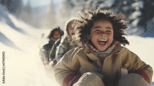 Funny little dark-skinned child rides on a sleigh in the snow. Active sports games in winter. Happy winter holidays concept.