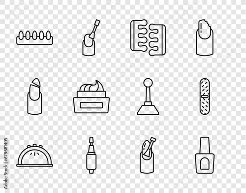 Set line Manicure lamp, Bottle of nail polish, Toe separator for pedicure, Milling cutter manicure, False nails, Nail and file icon. Vector