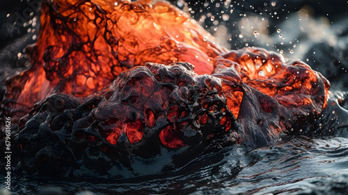 Red lava on the volcano. Lava splashes. Eruption © Anahit