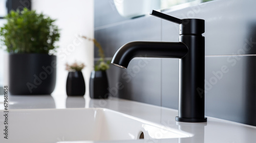 Close up of a black chromed water tap. Running water in the bathroom or kitchen with sink. Hygiene concept.