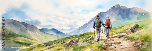 Happy Senior Couple Hiking with Trekking Sticks and Backpack at Mountain Forest Trail. Enjoying Calming Nature, Having a Good Time on Retirement. Nordic Walking. Watercolour Illustration. © PEPPERPOT