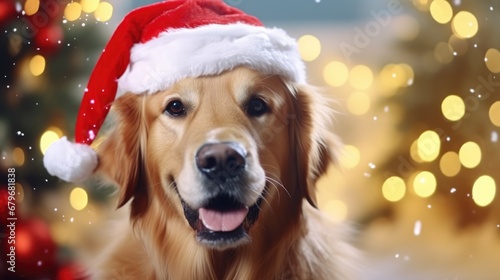 Merry Christmas and Happy New Year! Cheerful Labrador sits in a Santa Claus hat. Golden retriever wearing santa claus hat