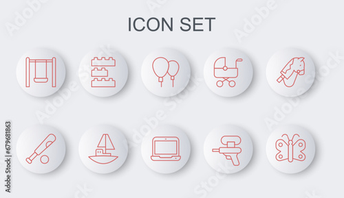 Set line Butterfly, Baseball bat with ball, Balloons, Water gun, Swing, Toy building block bricks, boat and Laptop icon. Vector