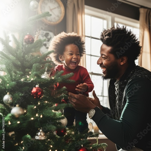 Portrait of smiling young African American father with small child playing holiday on New Year's Day. Happy ethnic dad and boy enjoying Christmas winter holidays celebration near Christmas tree.