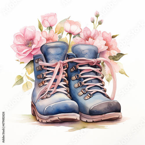 Walking boots or hiking boots on white background. Watercolour Illustration with pink and blue flower blossom. Travel post card..
