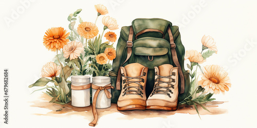 Walking boots or hiking boots and Backpack on white background. Watercolour Illustration with orange and green flower blossom. Travel post card.. photo