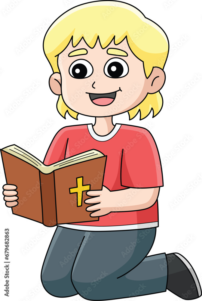 Girl Reading a Bible Cartoon Colored Clipart 