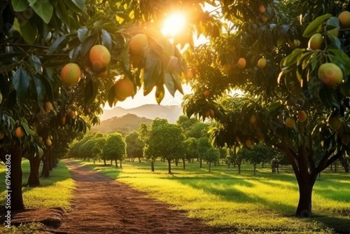 Plantation of trees with mango fruits in sunlight. Growing tropical sweet fruit, mango garden photo