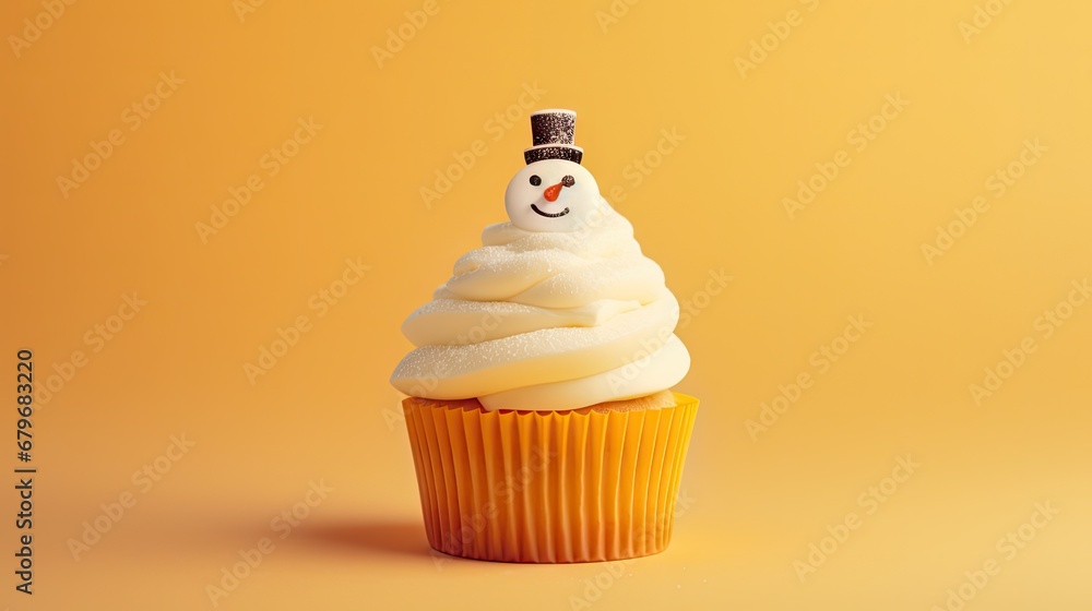 a cupcake with white frosting and a frosted snowman on top of it on a yellow background. a cupcake with white frosting and a frosted snowman on top of it on a yellow background.
