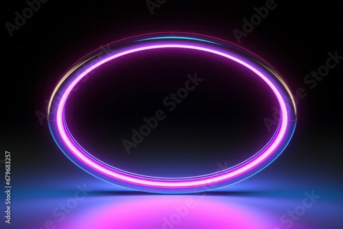 Glowing neon color circles round curve shape with wavy dynamic lines isolated on black background technology concept.