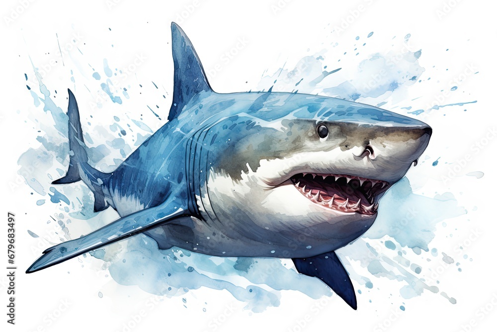 Naklejka premium watercolor Shark Hungry shark illustration with splash watercolor textured background