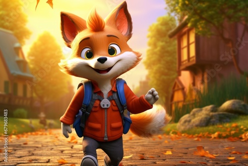 Portrait of red fox going to school with backpack