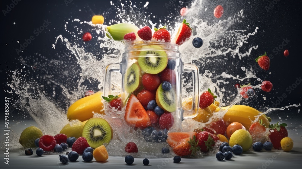  a glass jar filled with lots of fruit and splashing water on top of a pile of berries, kiwis, lemons, strawberries, raspberries, and blueberries.