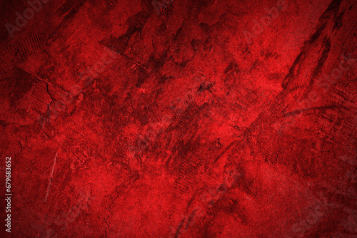Red grunge background. Abstract red texture. Old scratched bright red paint surface wide texture. Dark scarlet color gloomy grunge abstract widescreen background	 photo