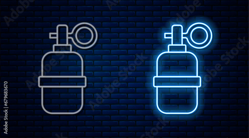 Glowing neon line Hand grenade icon isolated on brick wall background. Bomb explosion. Vector
