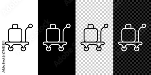 Set line Trolley suitcase icon isolated on black and white, transparent background. Traveling baggage sign. Travel luggage icon. Vector