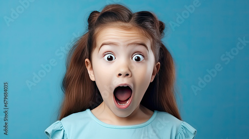Portrait of a surprised little girl with big eyes and an open mouth looking to the side photo
