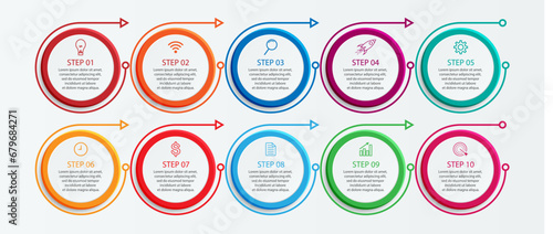 Simple Business Infographic design, vector
template with colorful lines, icons, numbers and
10 choices or steps. Can be used for process diagrams,
presentations, workflow layouts, banners, flowcharts