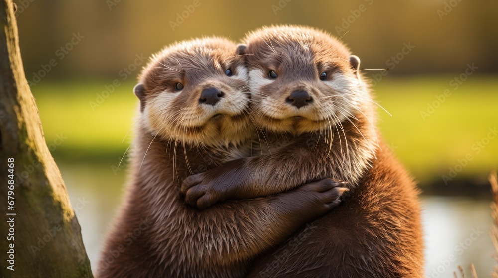 Fototapeta cute otters hug near the water on a sunny day and look at the camera, Lets Hug, banner, poster