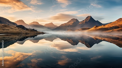  a mountain range is reflected in the still water of a lake with a mountain range in the background at sunset.
