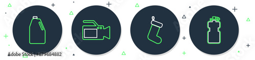 Set line Cinema camera, Christmas sock, Household chemicals bottle and Sport with water icon. Vector