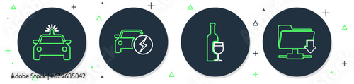 Set line Electric car, Wine bottle with glass, Police and flasher and FTP folder download icon. Vector