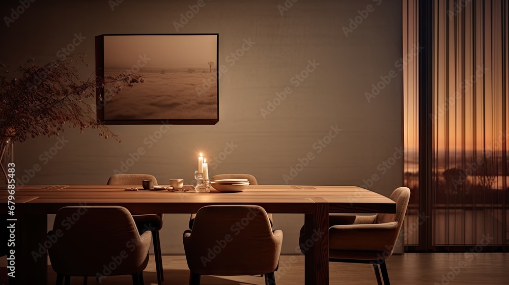 a dining room table with a lit candle in the middle of it and a picture hanging on the wall above it. a dining room table with a lit candle in the middle of it and a picture hanging on the wall above it.