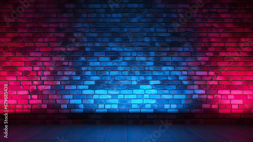 red blue brick wall and floor  Neon light on brick walls and texture. Lighting effect red and blue neon background party happiness concept   For showing products or placing products