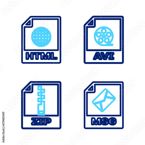 Set line MSG file document, ZIP, AVI and HTML icon. Vector